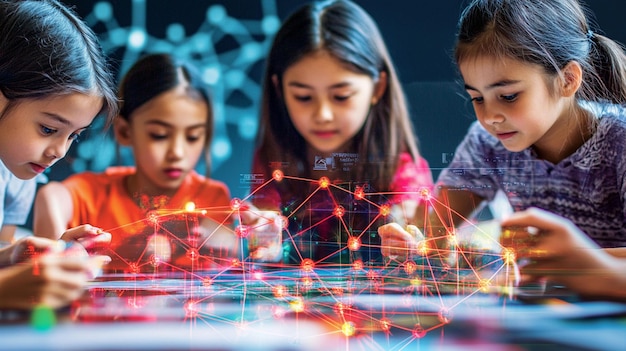 Cuatro niñas colaboran en un proyecto digital inmerso en el aprendizaje interactivo