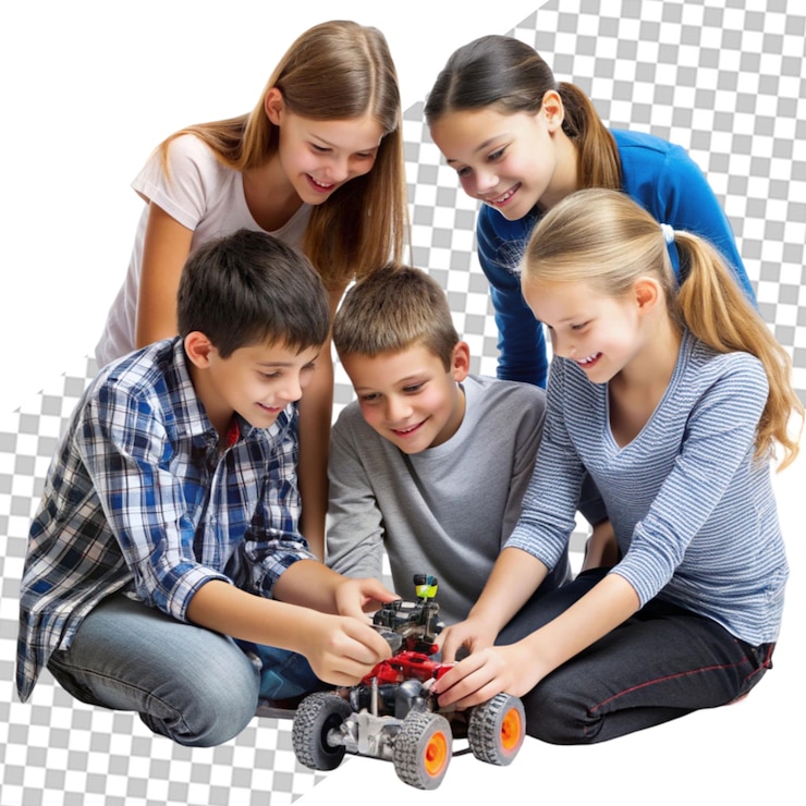 PSD cuatro niños construyendo un dron con piezas electrónicas
