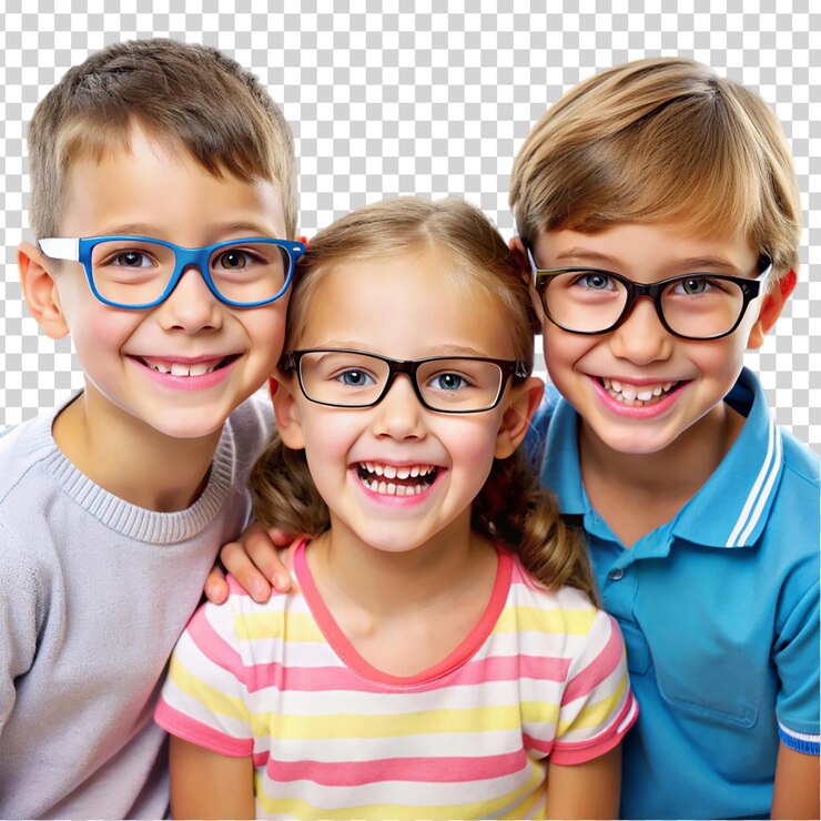 PSD cuatro niños con gafas y sonriendo sobre un fondo transparente