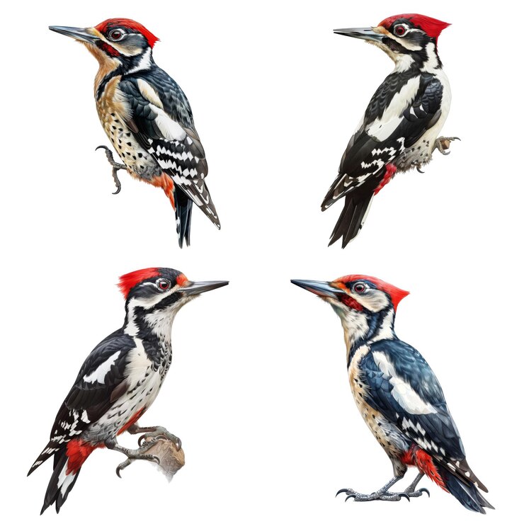 PSD cuatro pájaros carpinteros de cresta roja en diferentes posturas