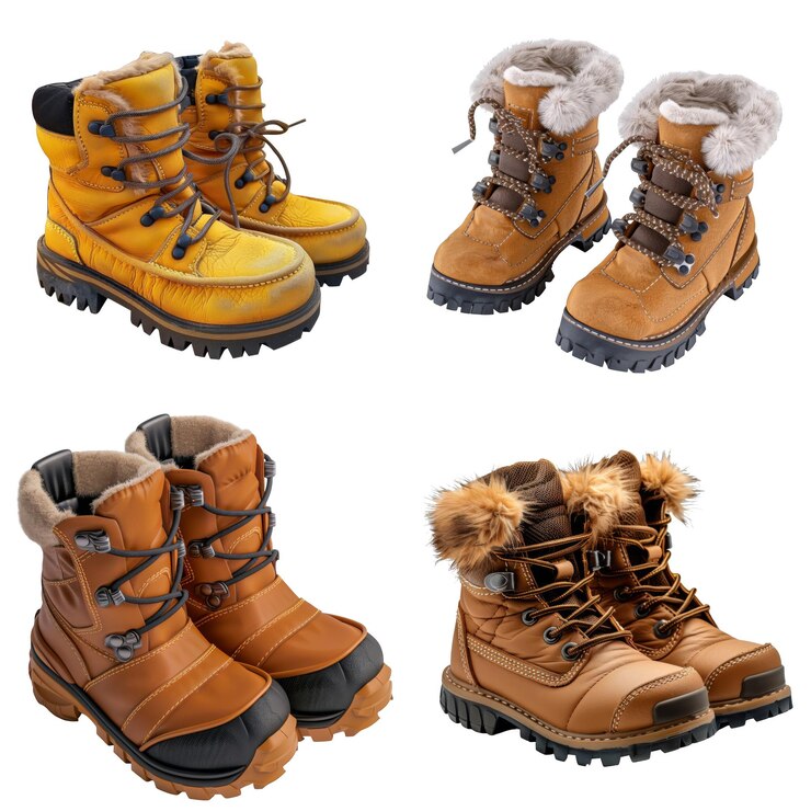 PSD cuatro pares de botas de invierno de cuero marrón con adornos de piel