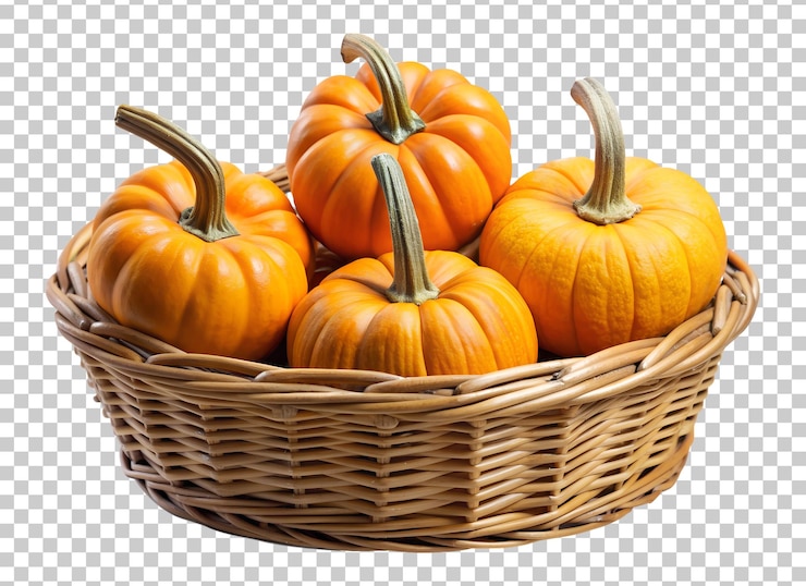 PSD cuatro pequeñas calabazas en una canasta de mimbre vista superior transparente