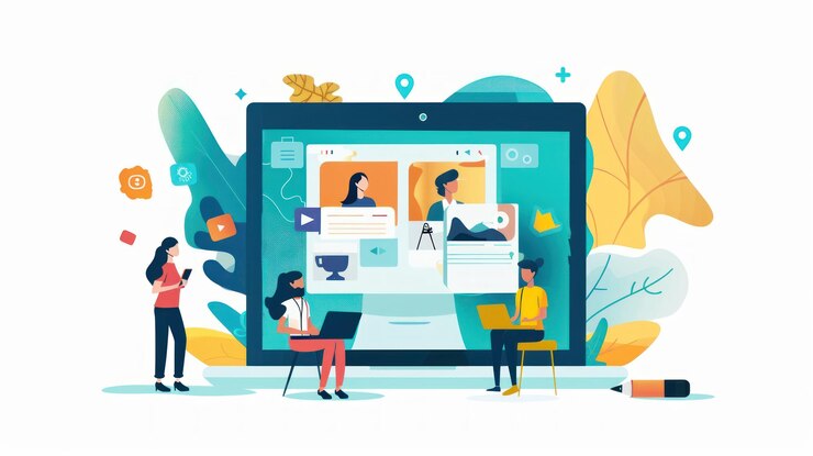 PSD cuatro personas interactuando con una gran pantalla de portátil con un sistema de gestión de contenido con contenido de video y perfiles en un entorno digital vibrante y estilizado