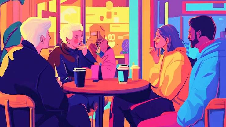 PSD cuatro personas sentadas en una mesa de café disfrutando del café y la conversación colores vibrantes y personajes estilizados