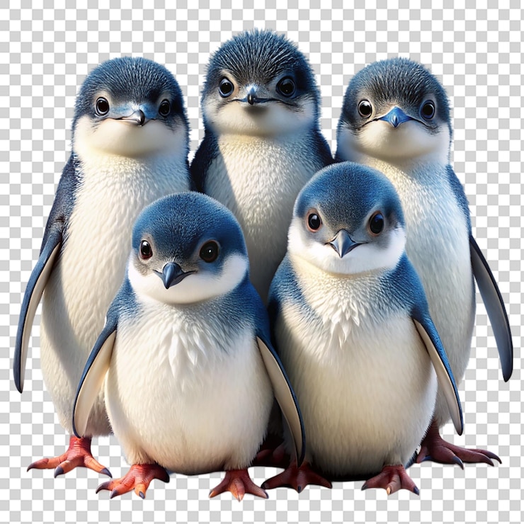 PSD cuatro pingüinos bebés de pie uno al lado del otro en una fila sobre un fondo transparente