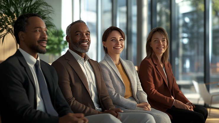 PSD cuatro profesionales de negocios diversos sentados juntos sonriendo y mirando hacia el espectador