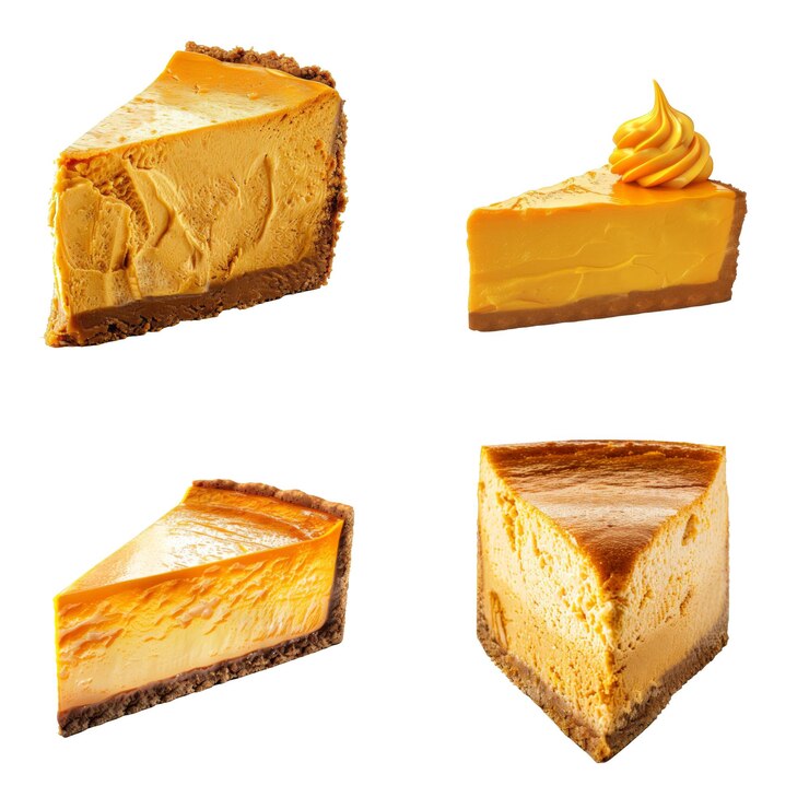 PSD cuatro rebanadas de pastel de queso de calabaza con diferentes ingredientes