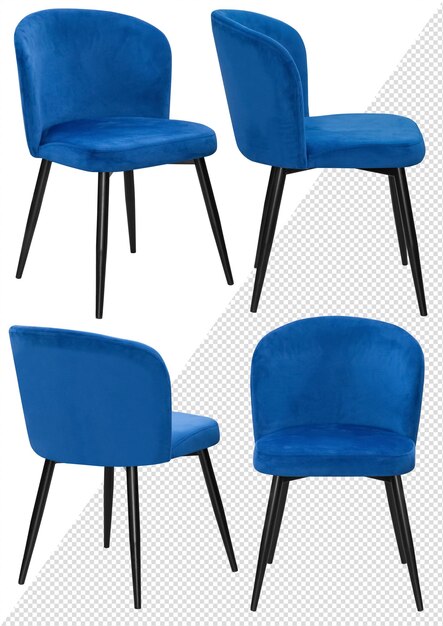Cuatro sillas con terciopelo azul en la parte inferior y una con el número 5 en la parte inferior