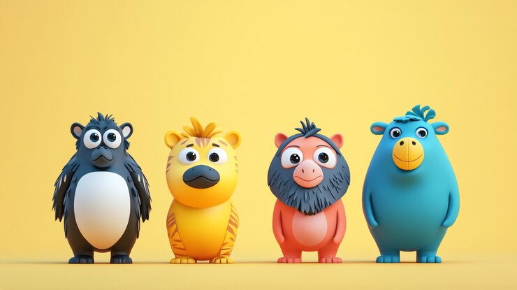 PSD cuatro simpáticos animales de dibujos animados de pie en una fila sobre un fondo amarillo