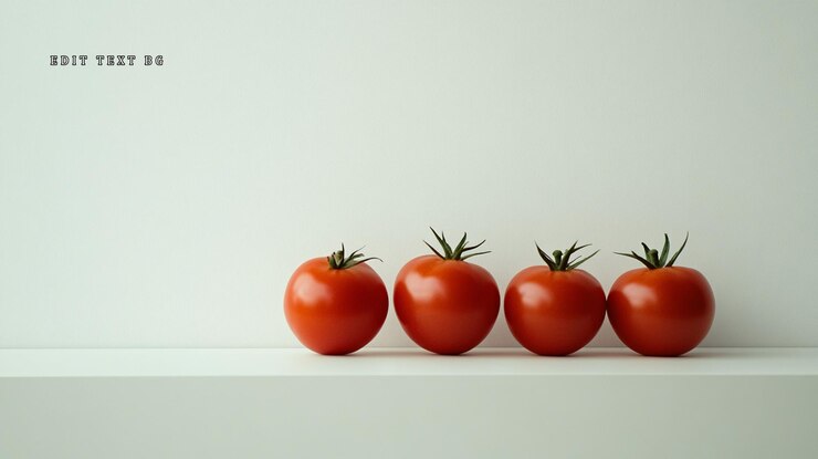 PSD cuatro tomates rojos maduros en fila en una superficie blanca contra un fondo blanco