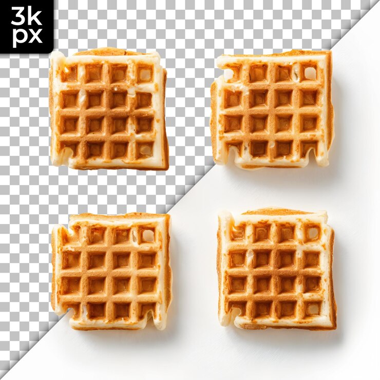 PSD cuatro waffles dorados sobre un fondo transparente