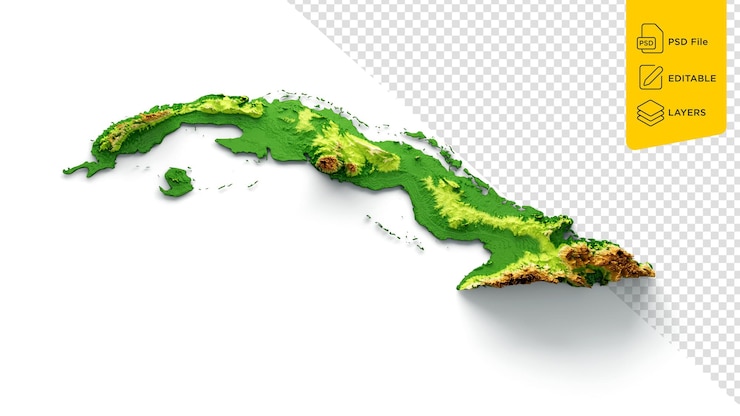 PSD cuba map shaded relief color height map on white background 3d illustration