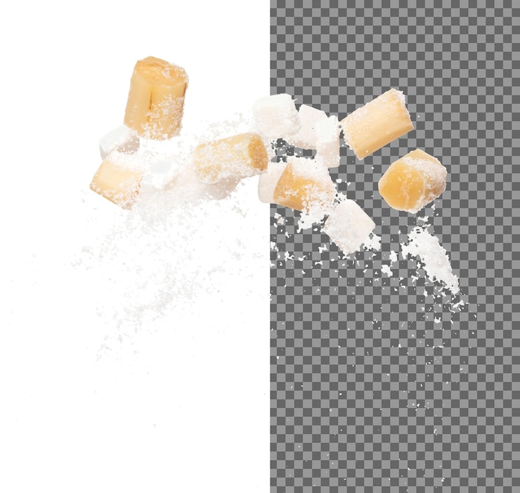 PSD cube de canne à sucre raffiné volant explosion chop jaune canne à sugar volant nuage abstrait sucre raffiné pure canne à sucres coupé cubes éclaboussure arrêt dans l'air dessin d'objet alimentaire fond blanc isolé