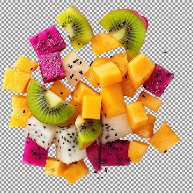Cube de fruits formé de petits carrés de fruits tropicaux assortis sur fond blanc