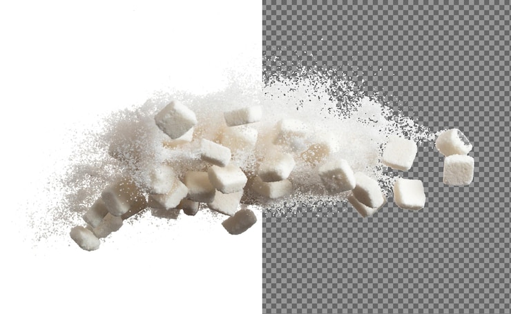 PSD cube de sucre raffiné volant explosion sucre cristallin blanc nuage abstrait volant cube de sugar raffiné pur éclaboussure arrêt dans l'air dessin d'objet alimentaire fond blanc mouvement de congélation à haute vitesse isolé