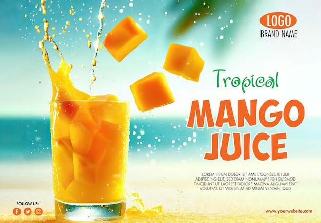 PSD cubes de mangue fraîche tombant dans le jus splash scène tropicale d'été en arrière-plan