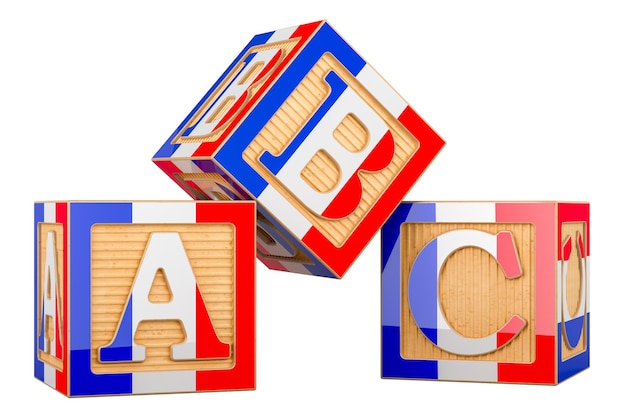 Cubi ABC con rendering 3D della bandiera francese isolati su uno sfondo trasparente