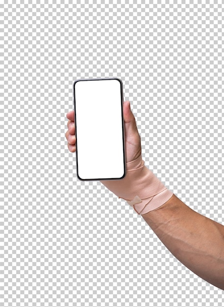 Cubierta de mano lesionada con vendaje elástico para sostener el teléfono inteligente