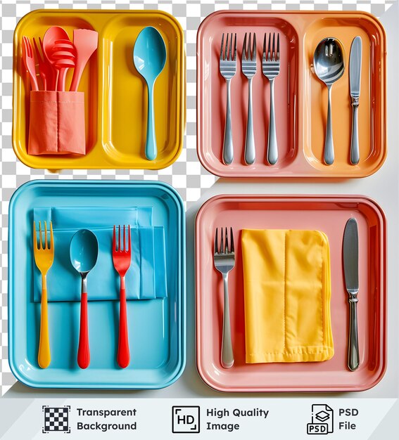 Cubiertos de colores dispuestos en bandejas con servilletes Diseño vibrante de la mesa para una comida alegre
