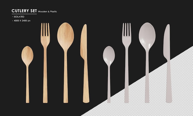 PSD cubiertos de plástico y madera aislados cuchara cuchara de té tenedor y cuchillo