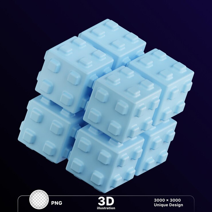 un cubo 3d con bloques 3d en la parte inferior y el número 3 en la parte superior