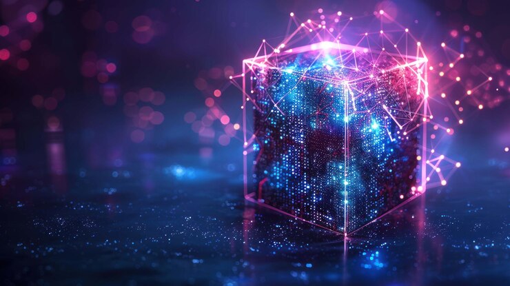 PSD un cubo abstracto brillante con una compleja red de líneas y puntos que simbolizan datos tecnológicos y conectividad