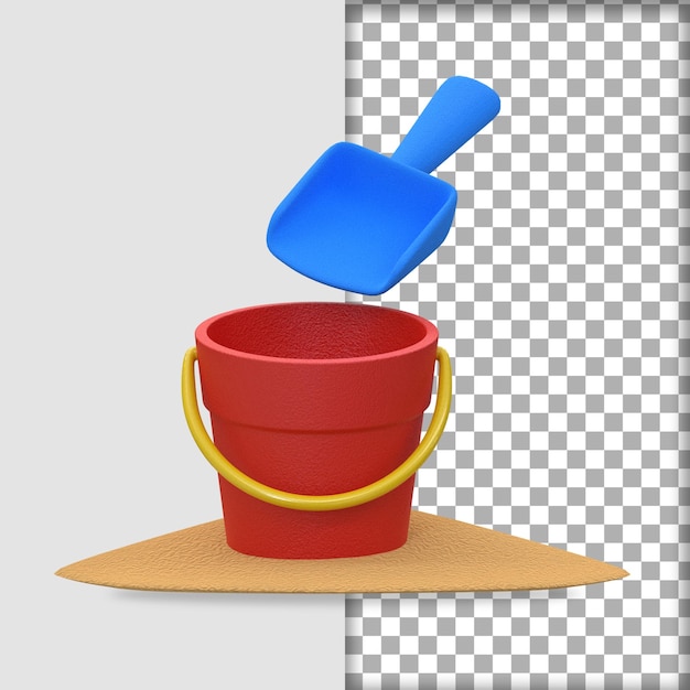 Cubo de arena de renderizado 3d con pala icono 3d de verano