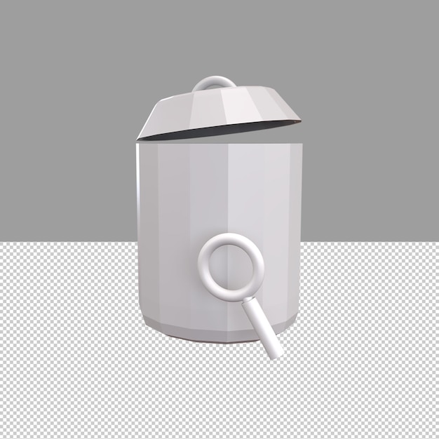 Cubo de basura 3d con icono de lupa ilustración de objeto renderizado