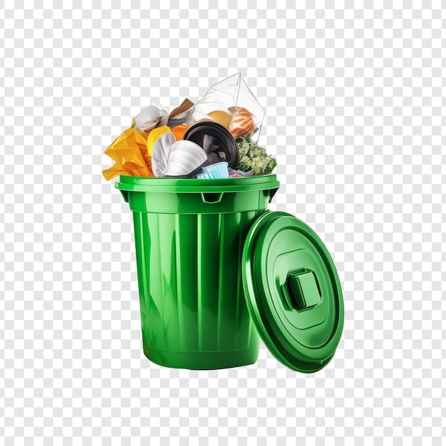 Un cubo de basura con basura aislada sobre un fondo transparente
