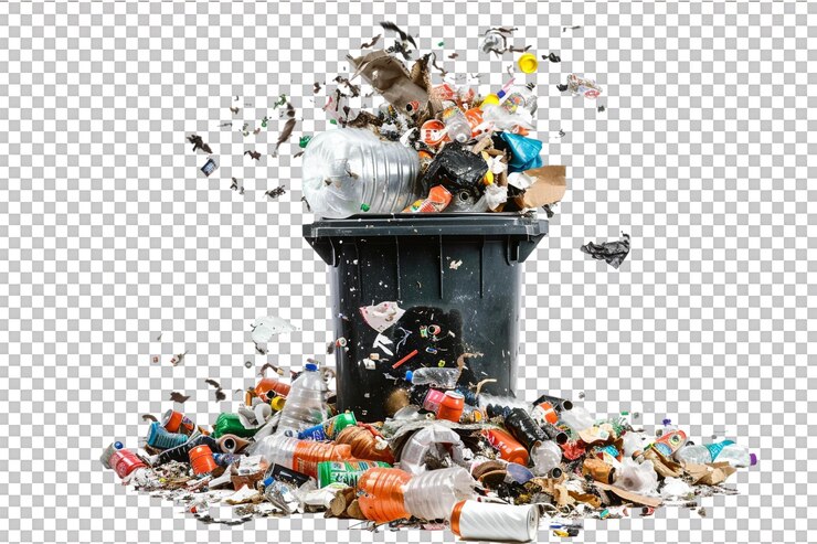 PSD un cubo de basura desbordado sobre un fondo transparente