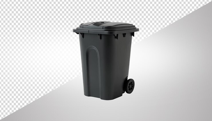 un cubo de basura negro con un mango en un fondo transparente aislado