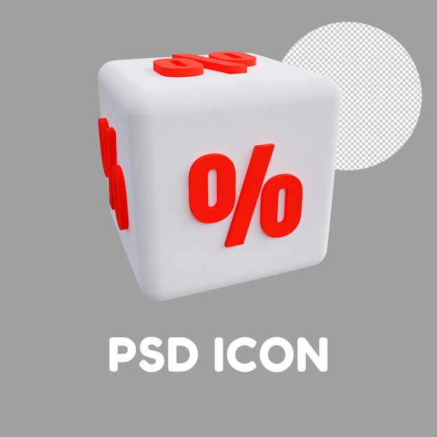 cubo branco volumétrico de ícone de vendas 3D com um sinal de porcentagem vermelho