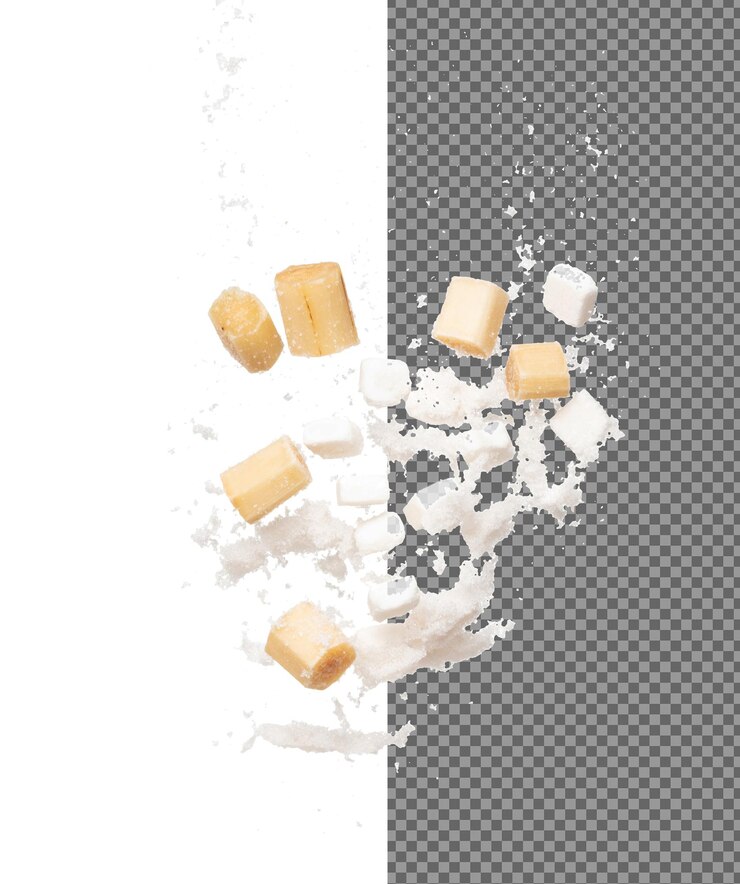 PSD cubo de caña de azúcar refinado puro explosión voladora corte amarillo caña de azucre abstracto mosca nube cubos cortados de cana de azúcar refinada pura parada de salpicaduras en el aire diseño de objeto de alimentos fondo blanco aislado