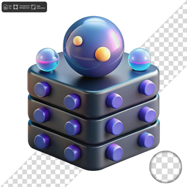 PSD un cubo colorido con una bola azul y botones púrpura y naranja