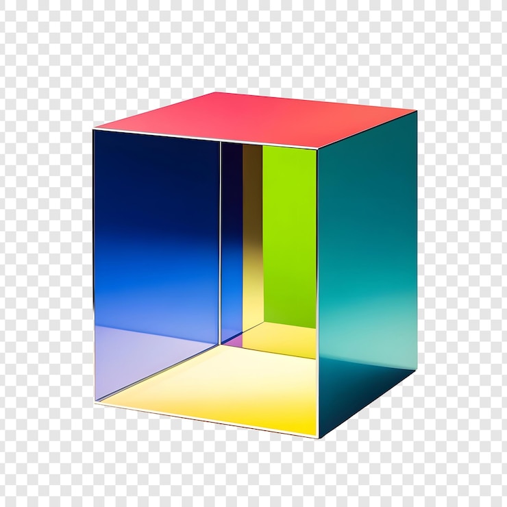 PSD un cubo colorido está en un fondo blanco con una caja amarilla