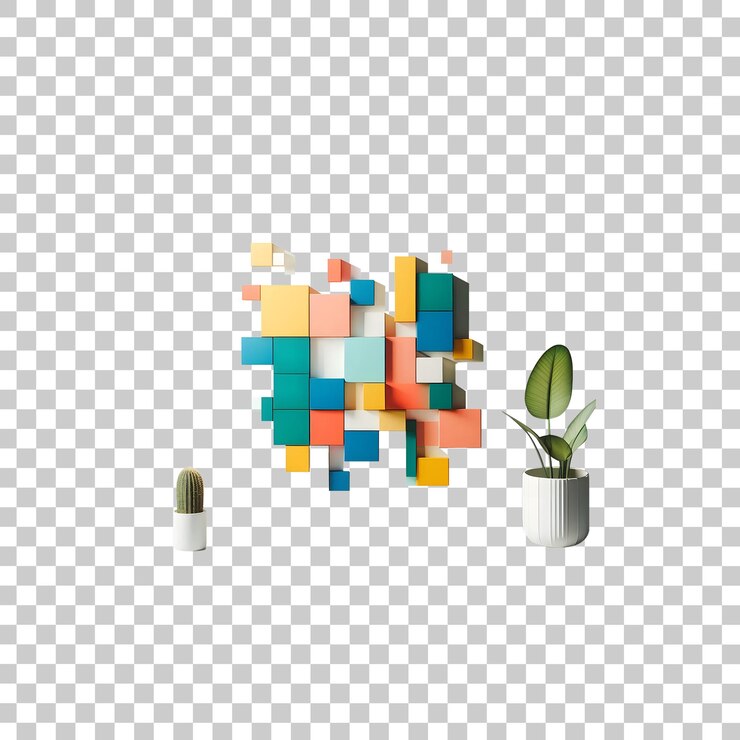 PSD un cubo colorido con una planta en la esquina