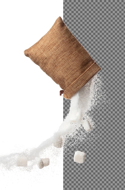 Cubo de açúcar em saco saco voando explosão açúcar cristal branco cair abstrato voar puros cubos de açúcar refinado saco salpico no ar design de objeto de alimento fundo branco isolado movimento de congelamento de alta velocidade