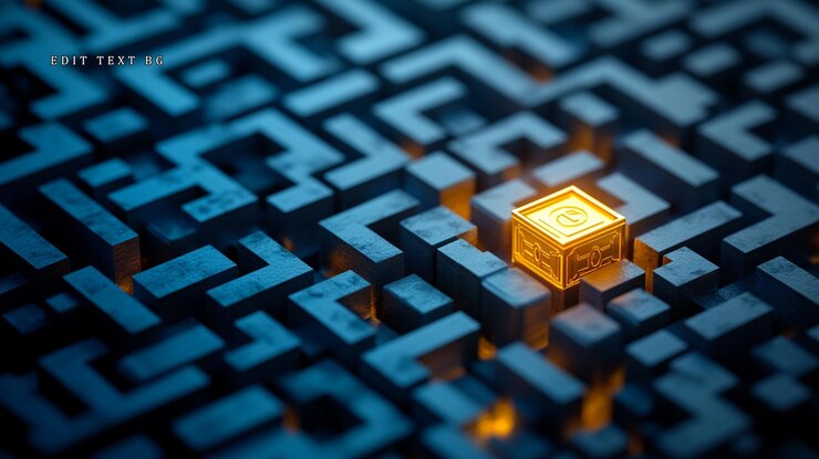 PSD cubo dorado iluminado en un complejo laberinto que representa la solución o el éxito