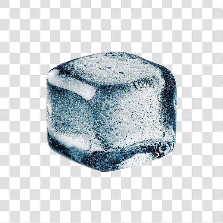Un cubo de hielo transparente con una superficie reluciente aislado sobre un fondo transparente