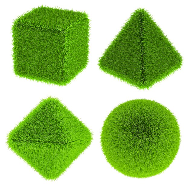 Cubo de hierba esfera de hierba pirámide y octaedro de hierba verde renderización 3D aislado en fondo transparente