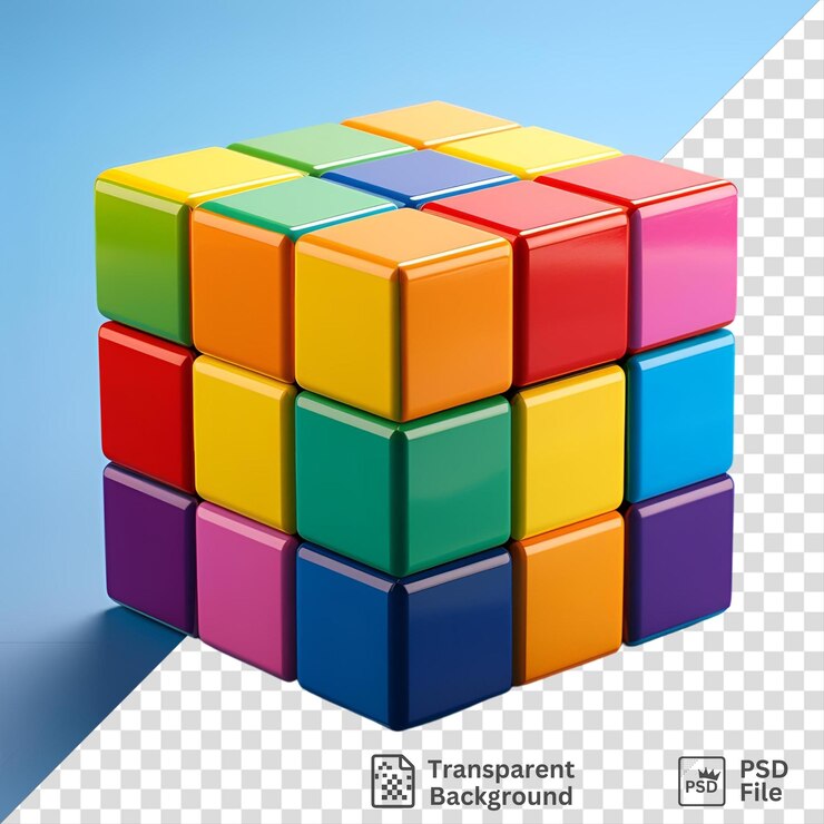 PSD un cubo de juguete multicolor sobre un fondo azul
