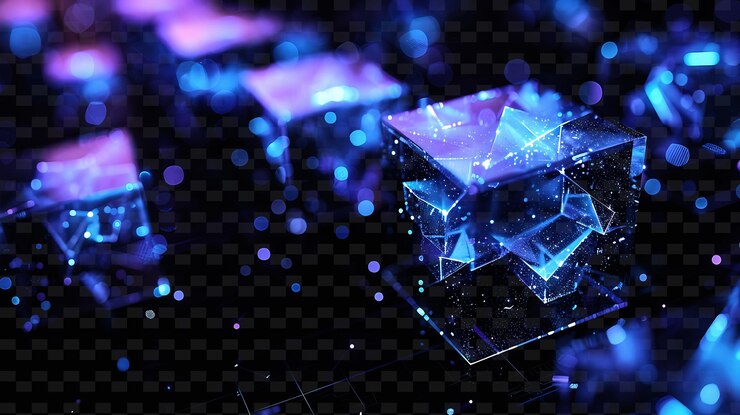 PSD un cubo con luces azules y púrpuras en la parte superior