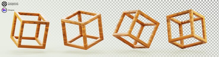 PSD cubo de madera 3d marco de bloque marco de alambre caja cuadrada en diferentes ángulos conjunto de íconos de renderización objeto geométrico abstracto de cuadrícula de líneas con elemento de diseño de textura de madera aislado en el fondo