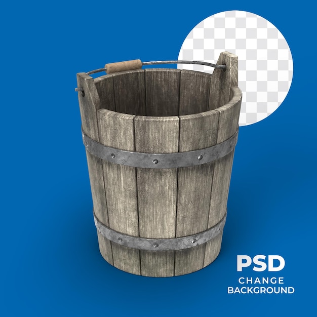 Cubo de madera realista con mango aislado sobre un fondo azul