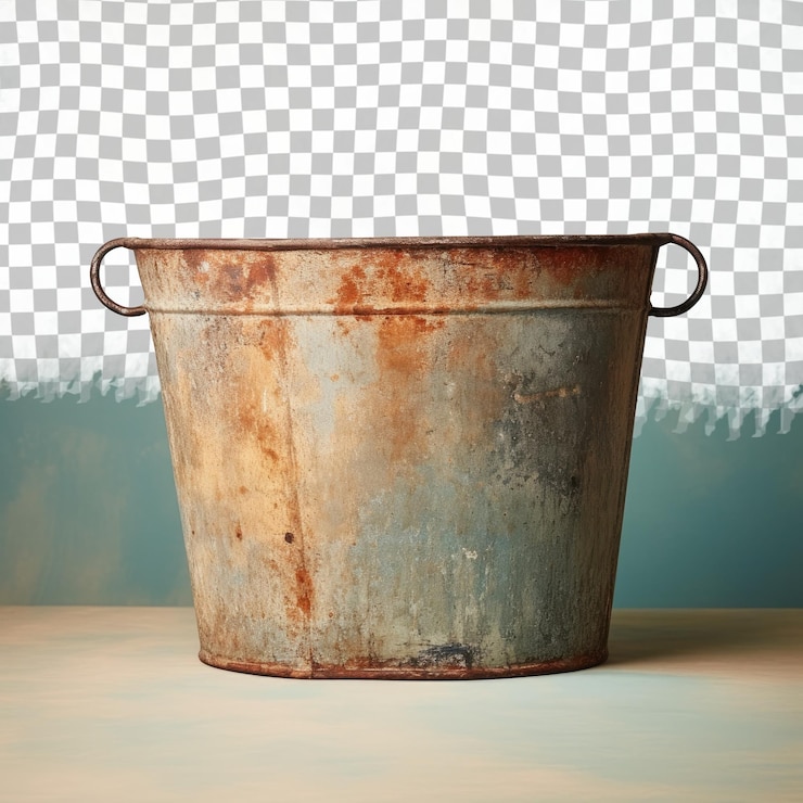 PSD un cubo de metal oxidado con las palabras " olla " en él