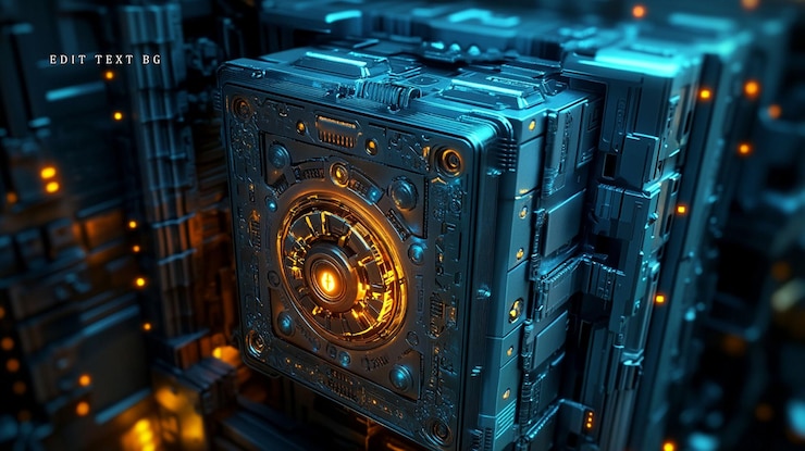 PSD cubo metálico futurista con detalles intrincados y un núcleo brillante