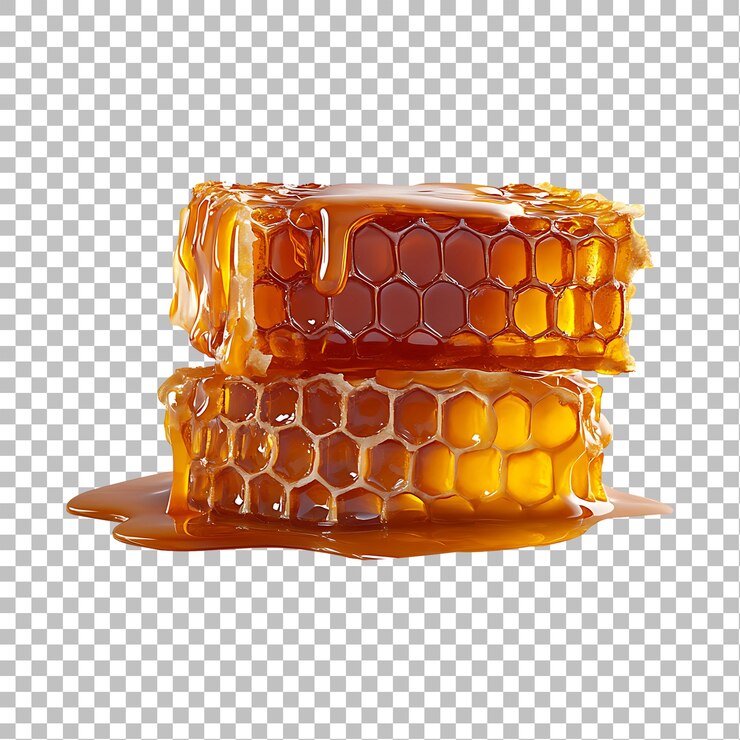PSD cubo de miel realista con gotas de miel en un fondo transparente diseño de alimentos dulces y textura de miel