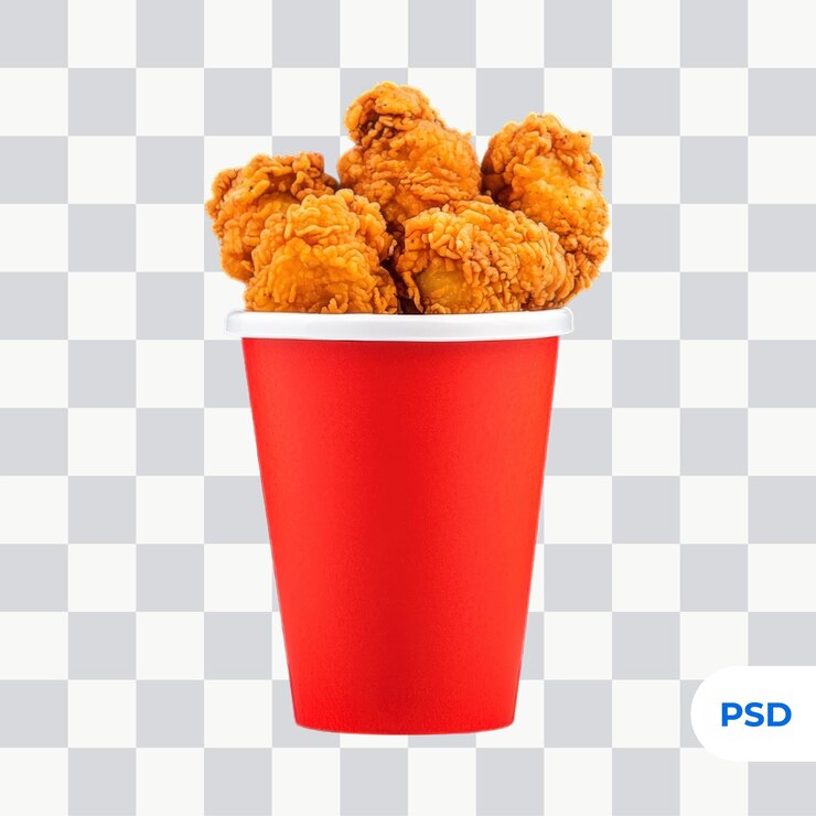 PSD un cubo de pollo frito dorado con un revestimiento crujiente y una comida rápida sabrosa