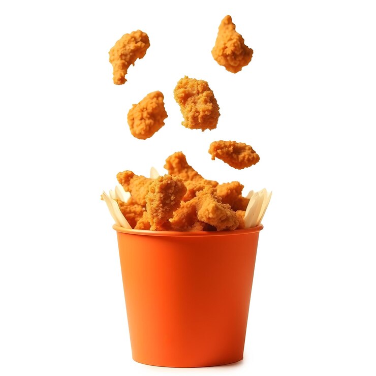 PSD un cubo de pollo frito y papas fritas está en un fondo blanco
