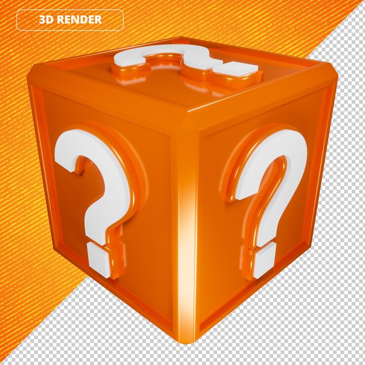 PSD cubo con signo de pregunta en cajas duda interrogatorio sorpresa naranja blanco